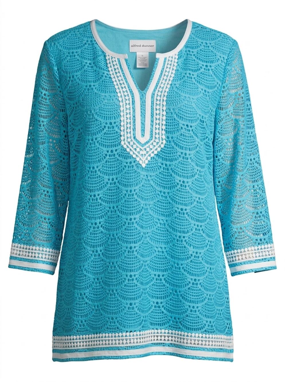 NWT Alfred Dunner Blue Crochet Trim Knit Geometric Tunic Women Size XL